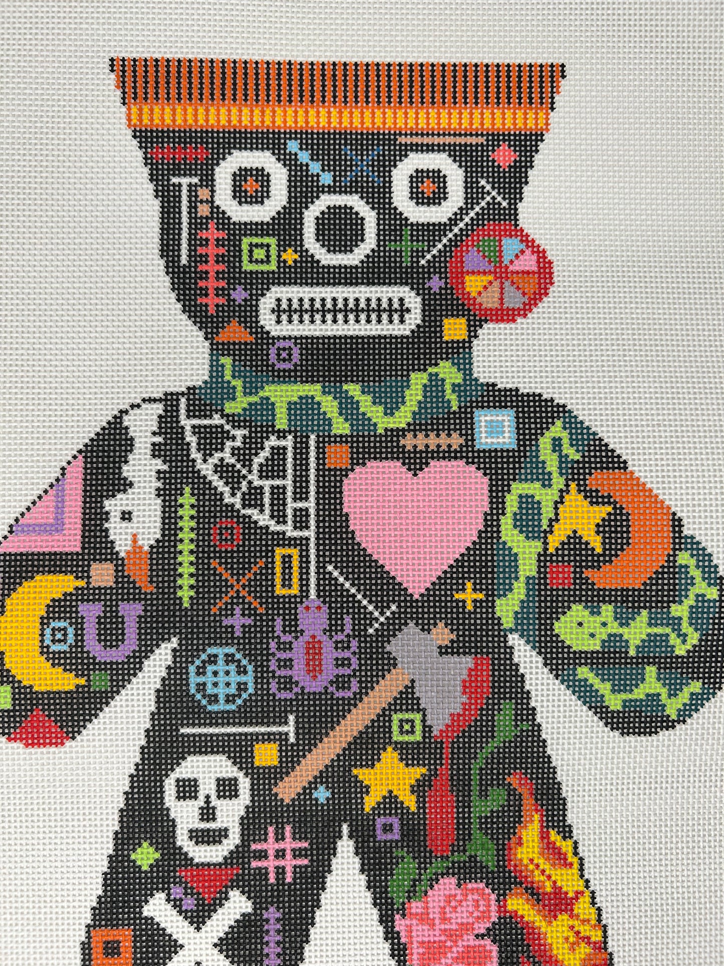 Voodoo Doll Rose and Flame Needlepoint Pillow