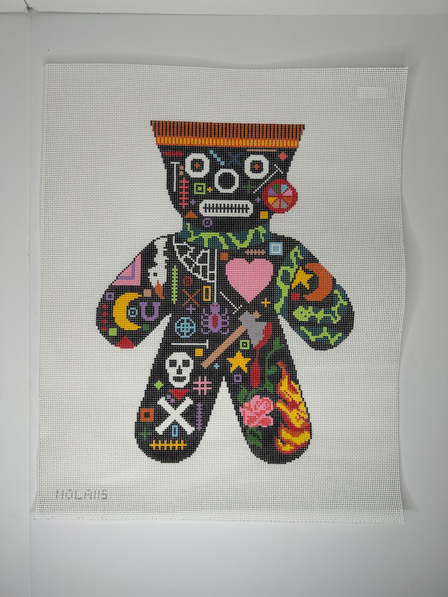 Voodoo Doll Rose and Flame Needlepoint Pillow