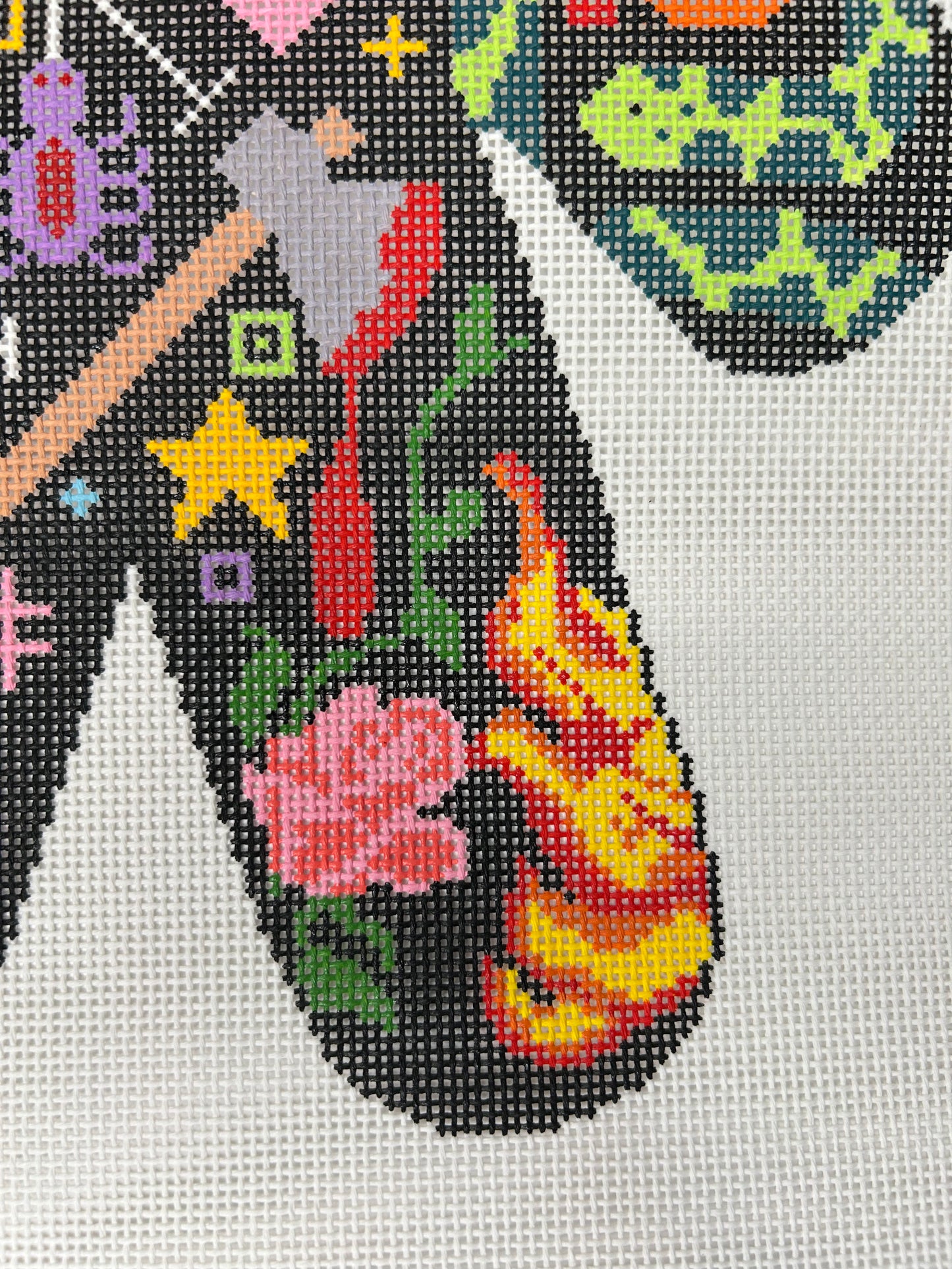 Voodoo Doll Rose and Flame Needlepoint Pillow