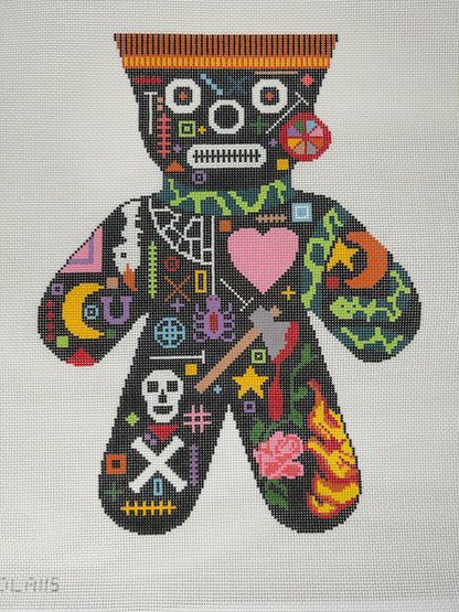Voodoo Doll Rose and Flame Needlepoint Pillow