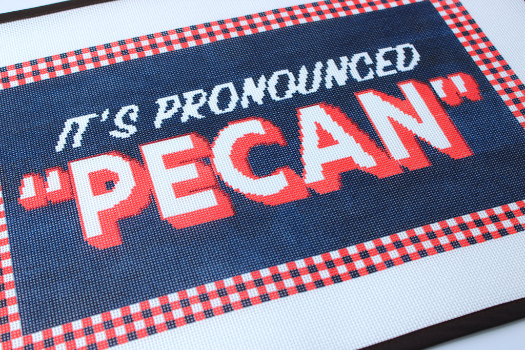 It's Pronounced Pecan Blue Needlepoint Pillow Canvas