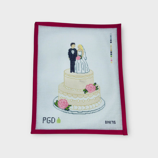 Wedding Cake with Pink Icing Flowers Needlepoint Canvas